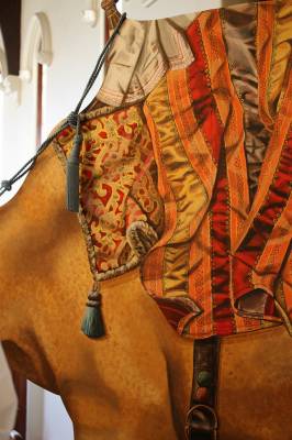 "Camel (Saddle Detail)" - Life Size Camel for Hospice Holly Trail 2012 Havelock-North, Acrylics on Board - Painting by Katja Morrison, an artist from Hawke's Bay, New Zealand.