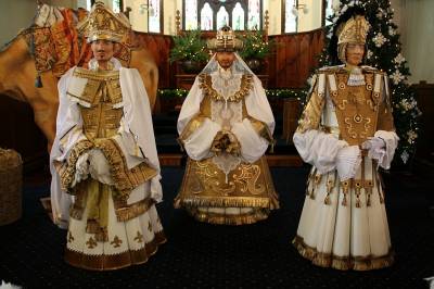 "Three Wise Men" - Group Display Woodford Chapel for Hospice Holly Trail 2012 Havelock-North, Cardboard, Fabric, Clay - Sculpture by Katja Morrison, an artist from Hawke's Bay, New Zealand.